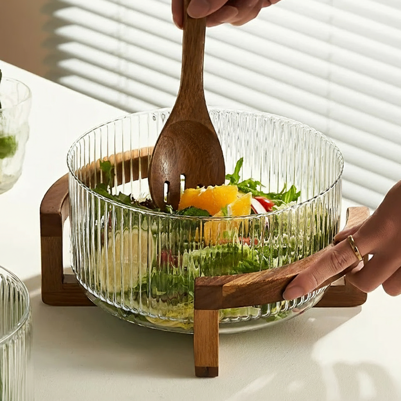 Bowl de Vidro Canelado com Base de Madeira