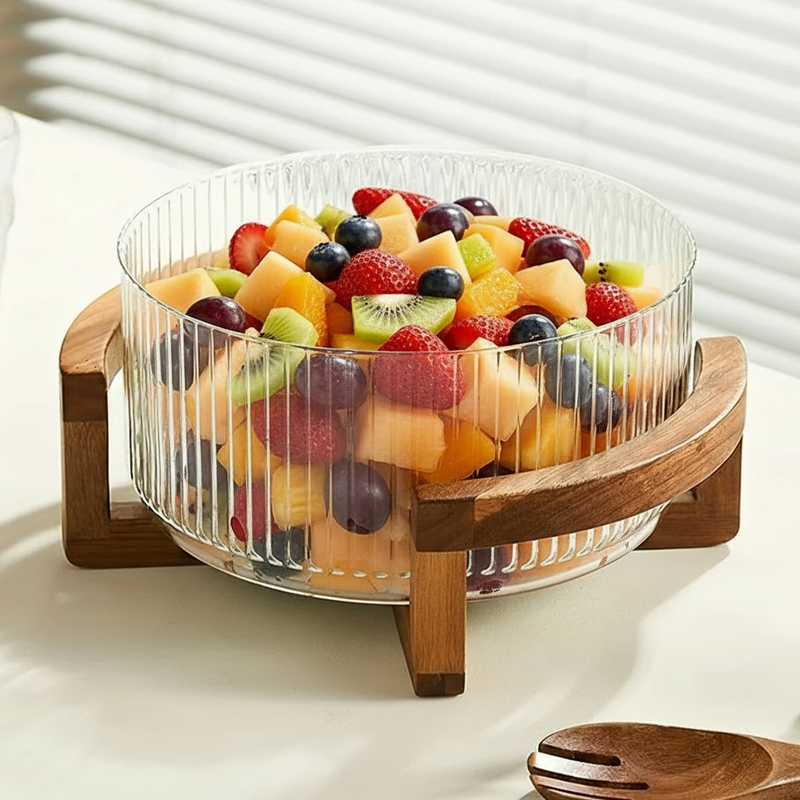 Bowl de Vidro Canelado com Base de Madeira