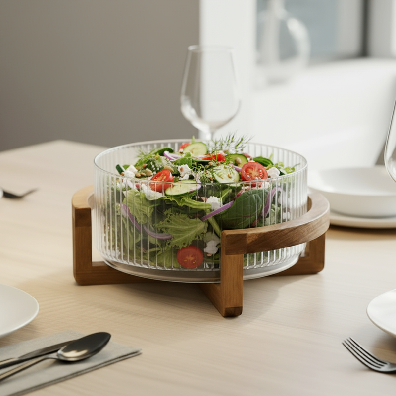 Bowl de Vidro Canelado com Base de Madeira