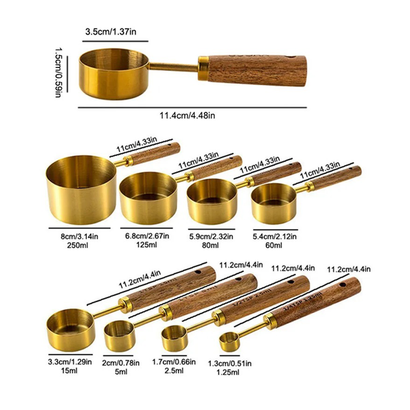 Conjunto de Medidores em Aço Inox e Cabo de Madeira