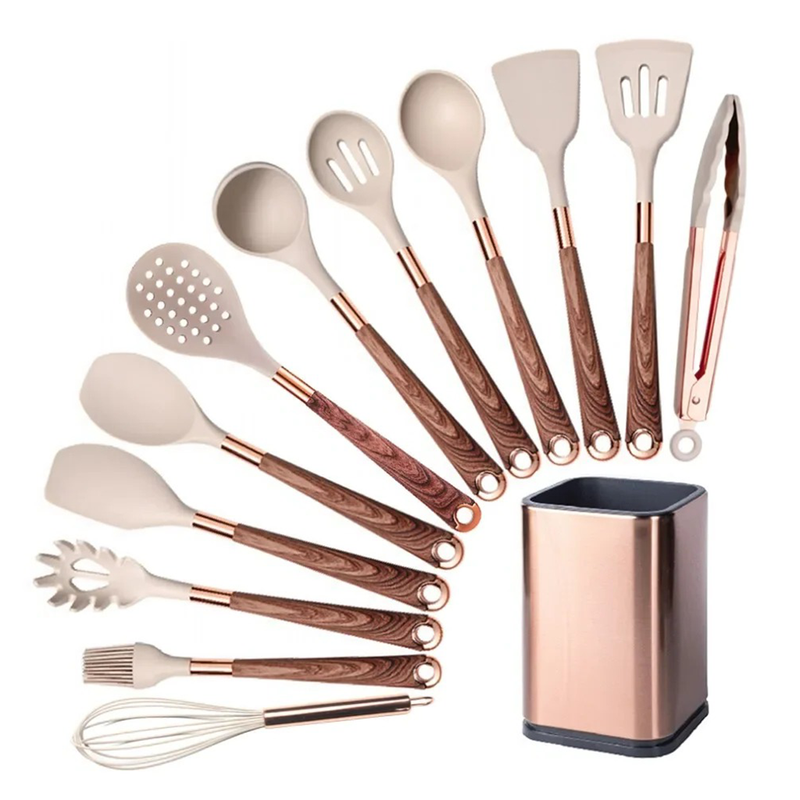 Conjunto de 12 Utensílios de Cozinha Premium + Base em Rose Gold