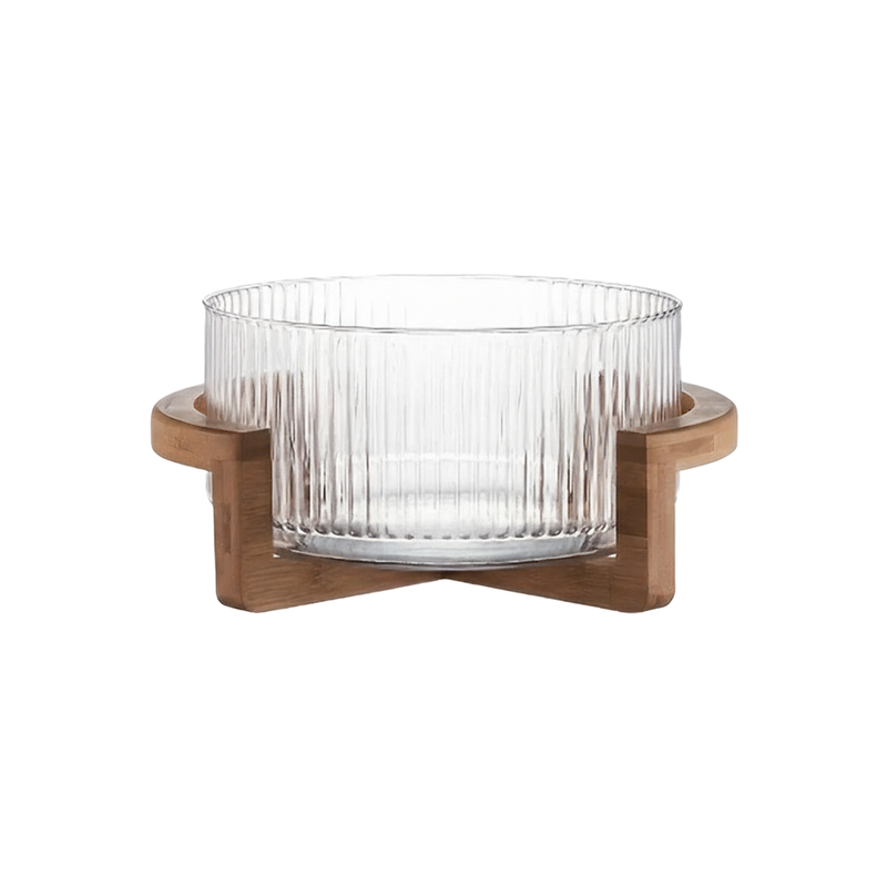Bowl de Vidro Canelado com Base de Madeira