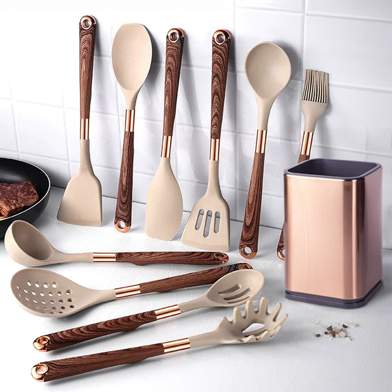 Conjunto de 12 Utensílios de Cozinha Premium + Base em Rose Gold