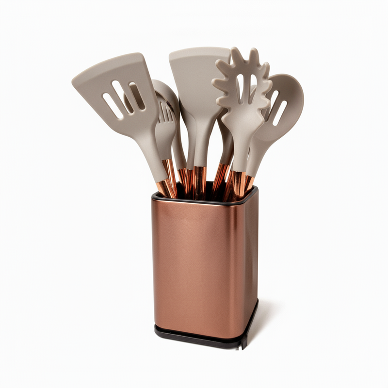 Conjunto de 12 Utensílios de Cozinha Premium + Base em Rose Gold