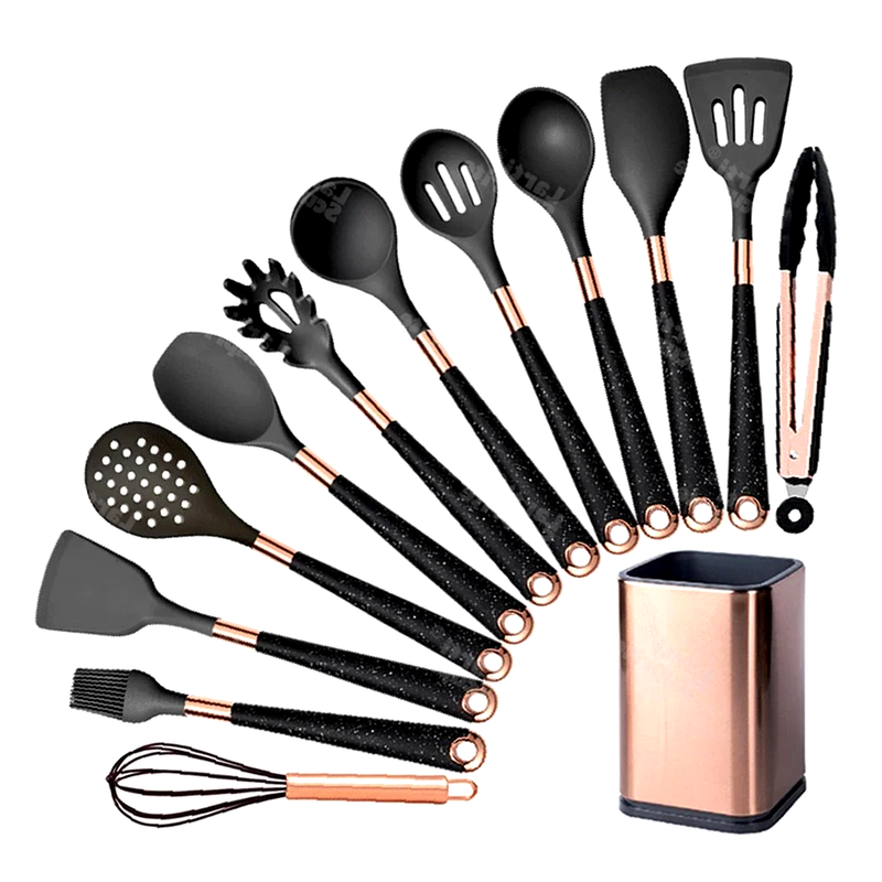 Conjunto de 12 Utensílios de Cozinha Premium + Base em Rose Gold