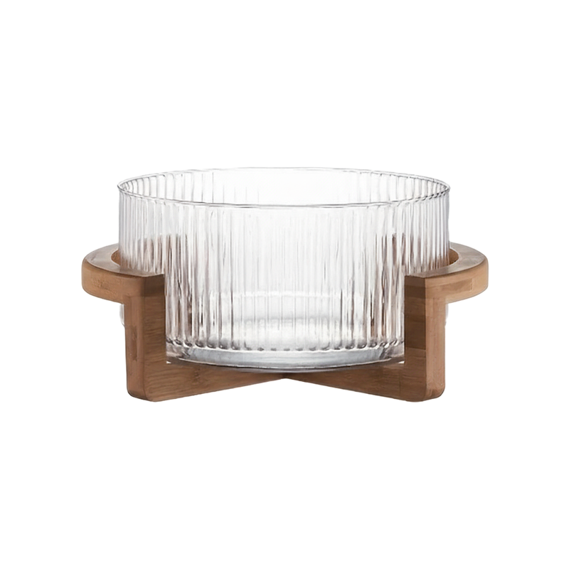 Bowl de Vidro Canelado com Base de Madeira