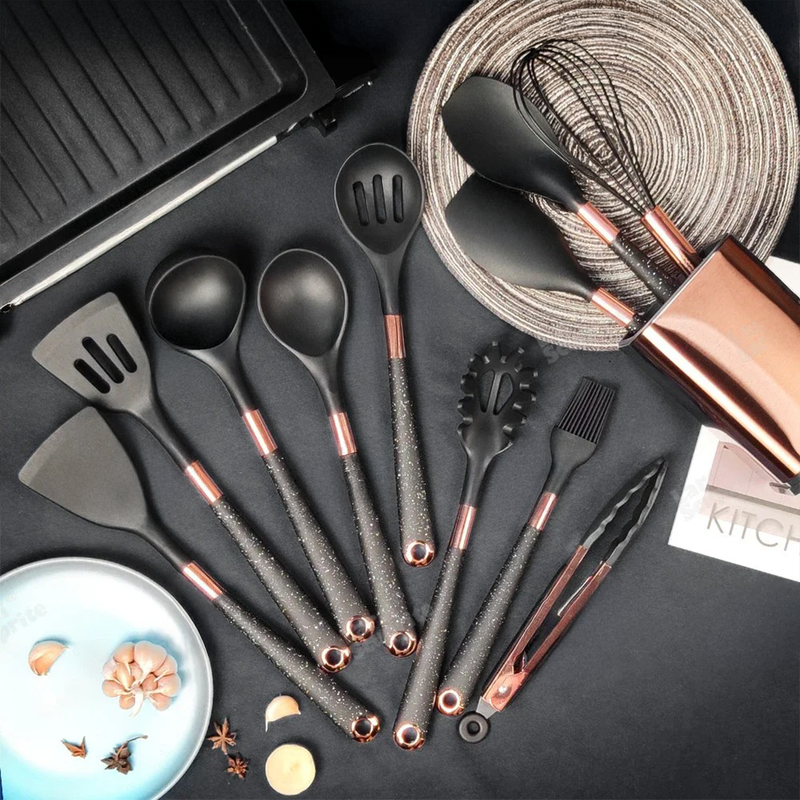 Conjunto de 12 Utensílios de Cozinha Premium + Base em Rose Gold