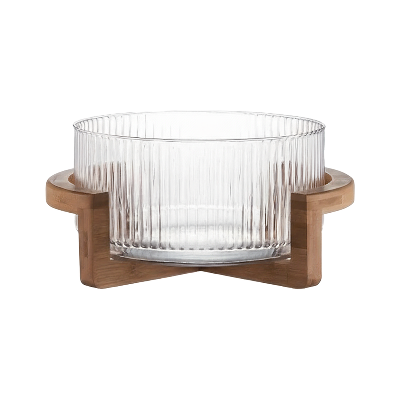 Bowl de Vidro Canelado com Base de Madeira