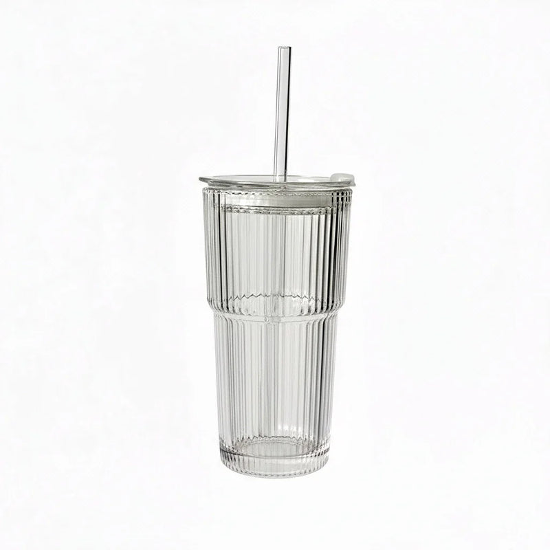 Copo de Vidro Canelado com Canudo