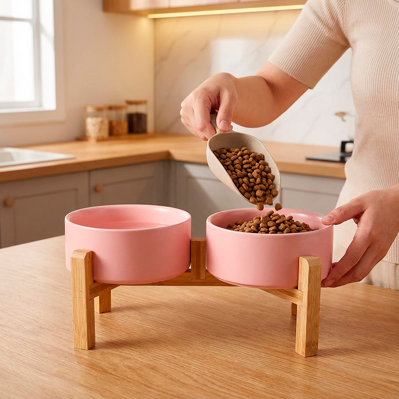 Tigela Pet de Cerâmica com Suporte de Madeira