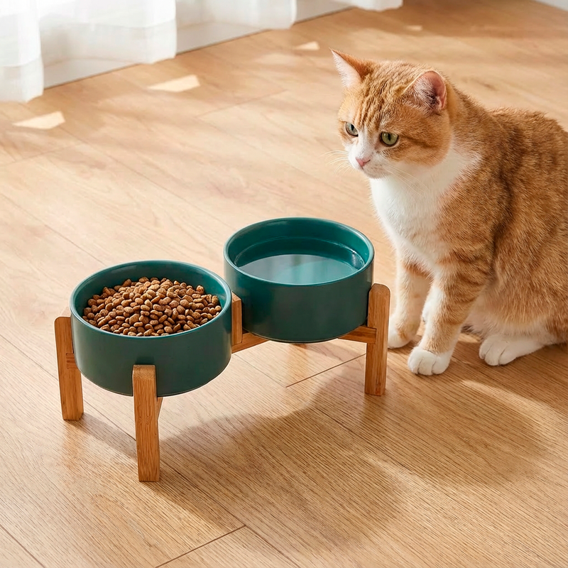 Tigela Pet de Cerâmica com Suporte de Madeira